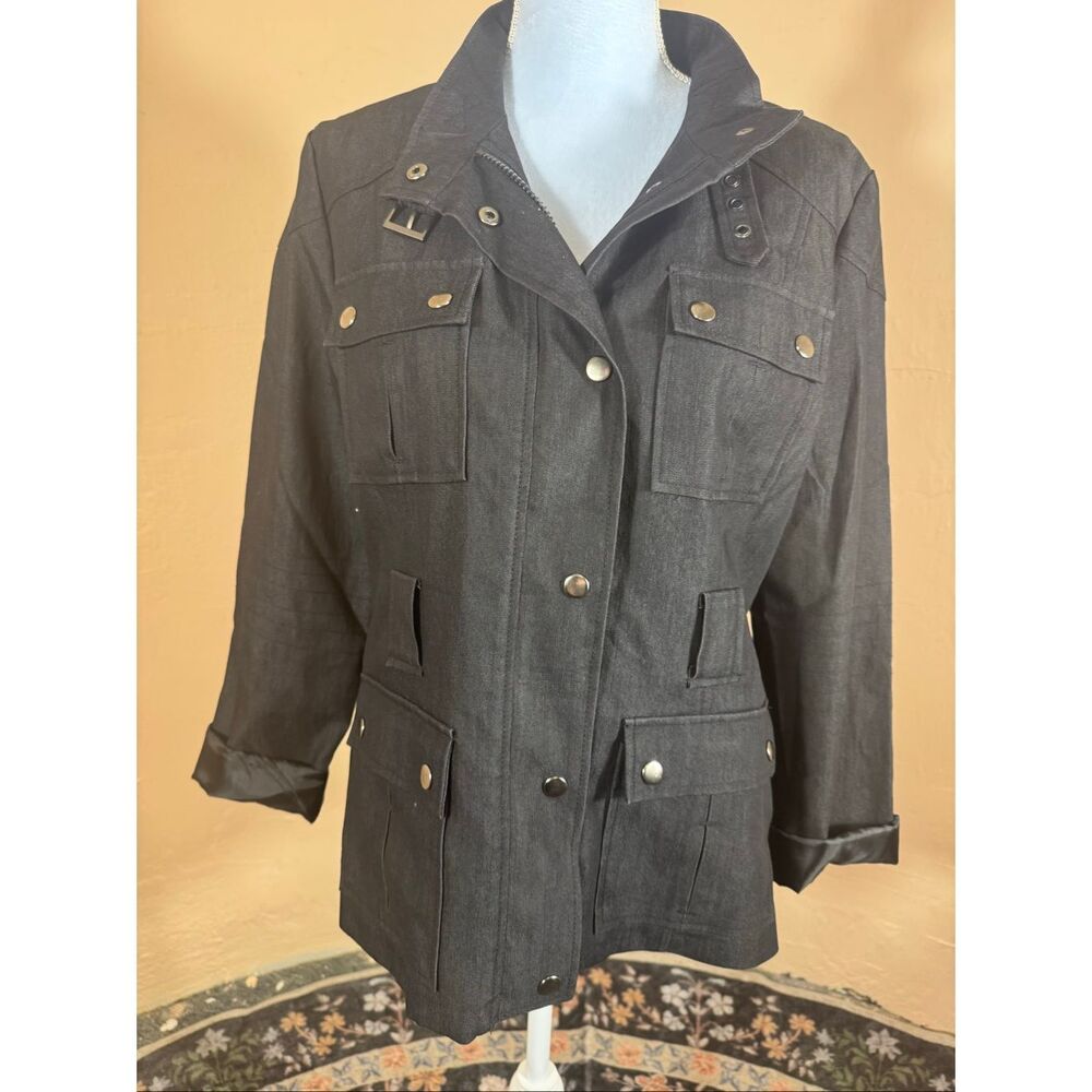Appraisal Black Denim Utility Jacket | Size L | Multi-Pocket | Silver Snap Closu - Picture 2 of 6